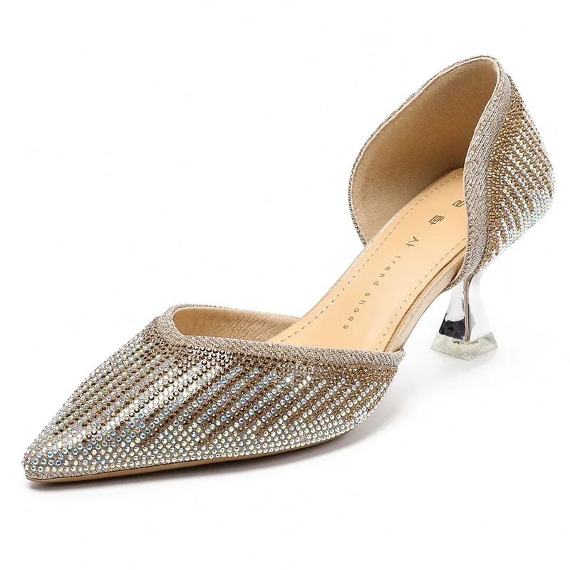 

2021 Sandals Ladies Shoes Summer Women's Heels Shallow Mouth Suit Female Beige New Girls Rhinestone Velvet High Fashion Pointed