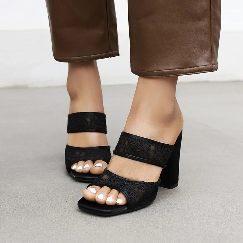 

Hot Sale Womens Lace Hollow Mesh Rhinestones Crystal Peep Toe Block High Heel Slipper Slingbacks Shoes Sandals Summer Plus Size