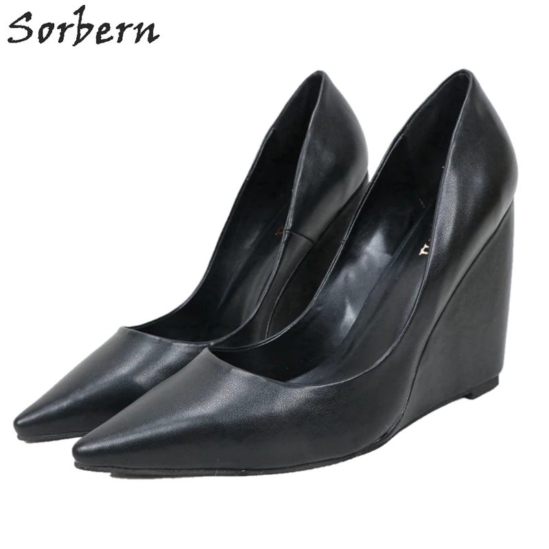 Sorbern/черные женские туфли-лодочки с острым носком; слипоны на танкетке; Высокий каблук; Размер 14; женская обувь на каблуке; модная женская обувь; слипоны на заказ - Цвет: Черный