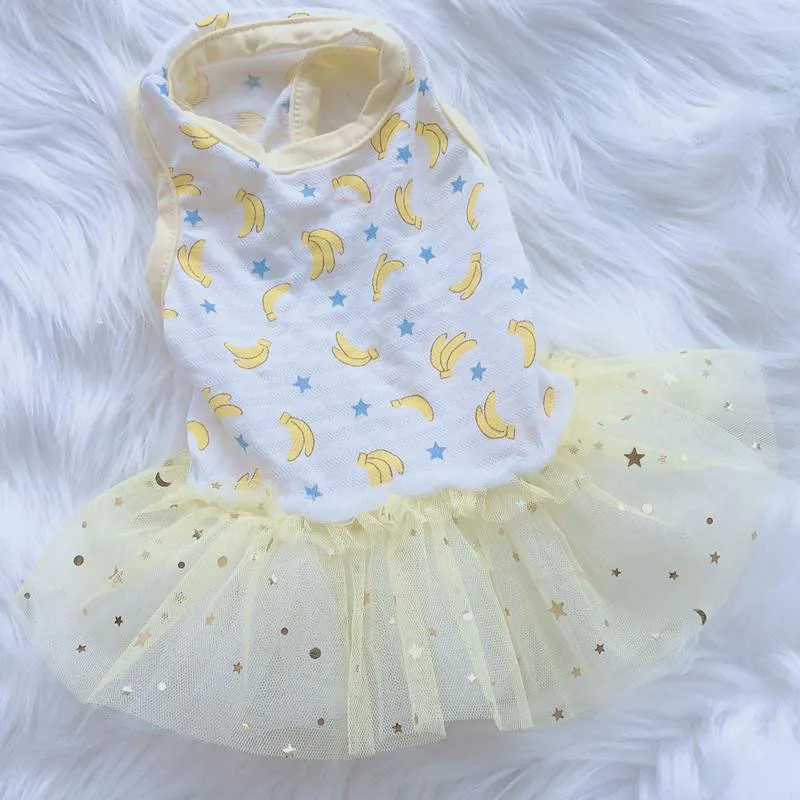 Одежда для собак платье принцессы летнее с принтом бананов и ананасов Тюлевое