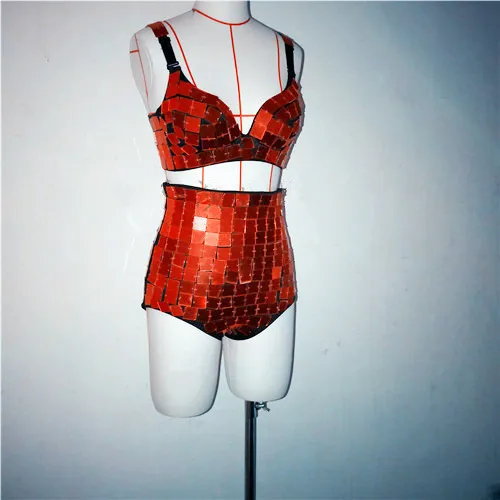 (Бюстгальтер + шорты) золотистый/серебристый/красный Зеркальный цвет сексуальный