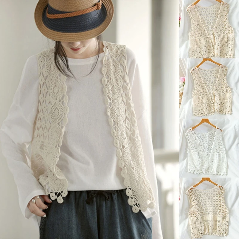 

E15E Women Hollow Out Crochet Crop Top Vest V-Neck Open Front Floral Lace Sleeveless Jacket Cardigan Casual Loose Boho Hippie