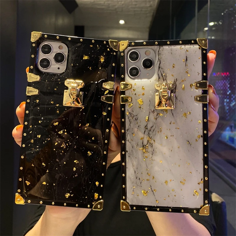 

Luxury Bling Gold Foil Marble Square Phone Case For iPhone 12 11 7 8 Plus X XR XS Max Glitter Soft Cover For HUAWEI P30 P40 case
