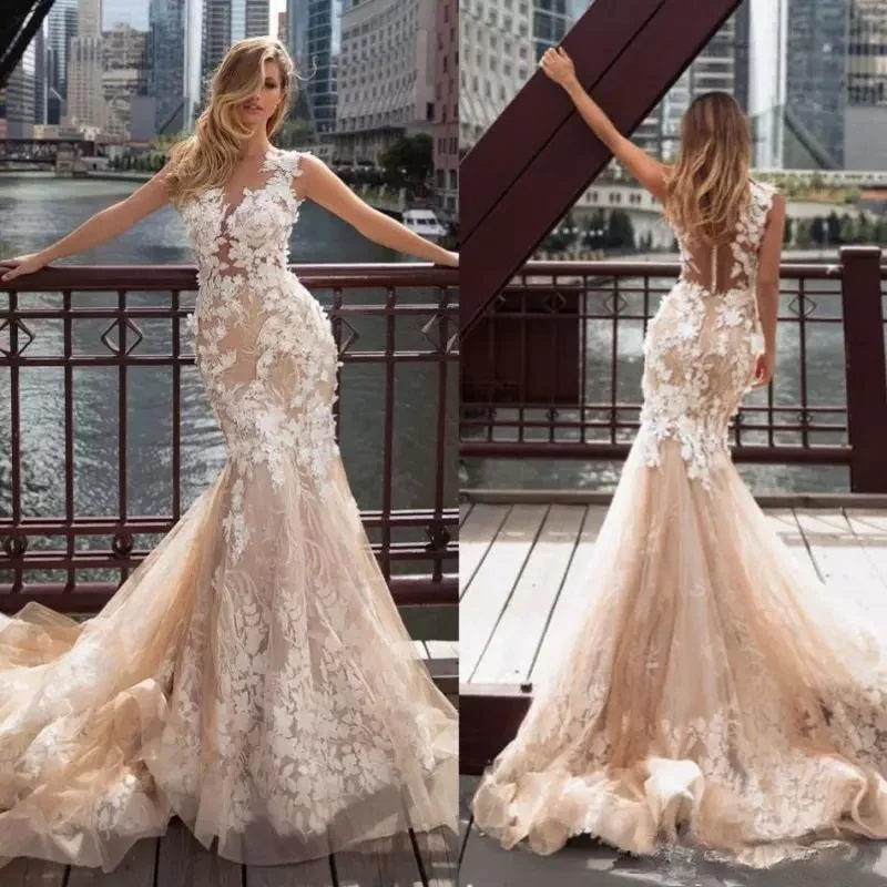 

Milla Nova Champagne Mermaid Wedding Dresses Lace Applique Sheer Neck Bridal Gowns Beach Sweep Train Wedding Dress