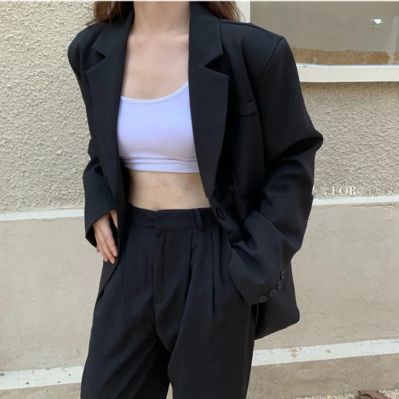 

Hot Sale Black 2021 Retro All Match OL Solid Women Blazers+New Elegant Loose Vintage Straight Trouser Suits 2 Piece Sets