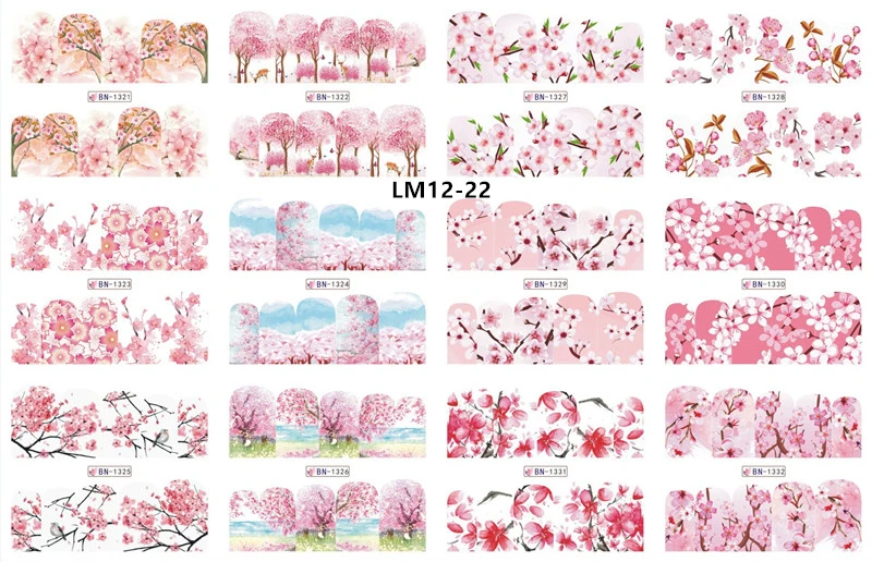 LM12-22 12 Designs Watermark Nail Art Decoration Water Decals Flower Flamingo Bird Rose Sticker Manicure Sliders Adhesive Tip BN913-924 - Color: LM12-22