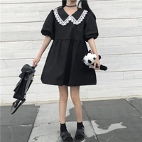 japanese college style dark loose dress womens new summer all match sweet cute puff sleeve small black dress lolita dress