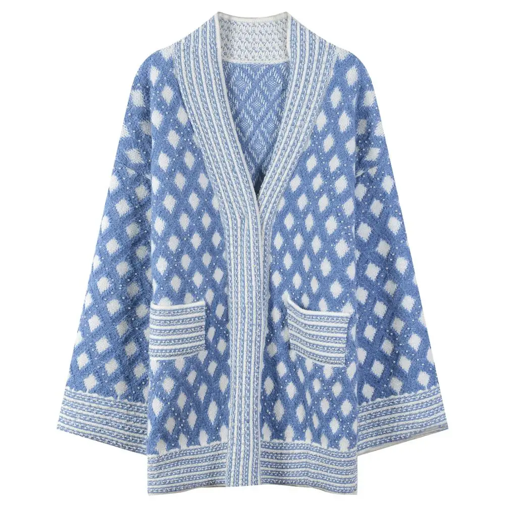 Pearl decorated women beading cardigan blue elegant versatile knitted sweater female top |