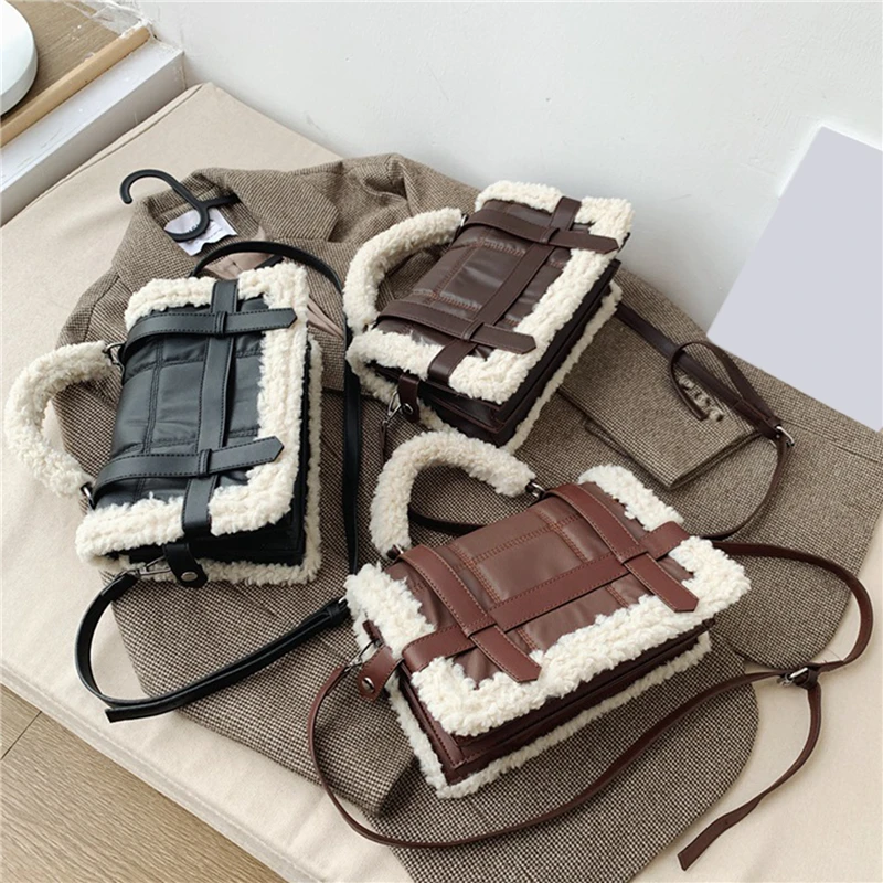 

Модная плюшевая Сумка-тоут для женщин, повседневная сумка из искусственной кожи с овечьей шерстью, сумки-мессенджеры на плечо для женщин 2021,...