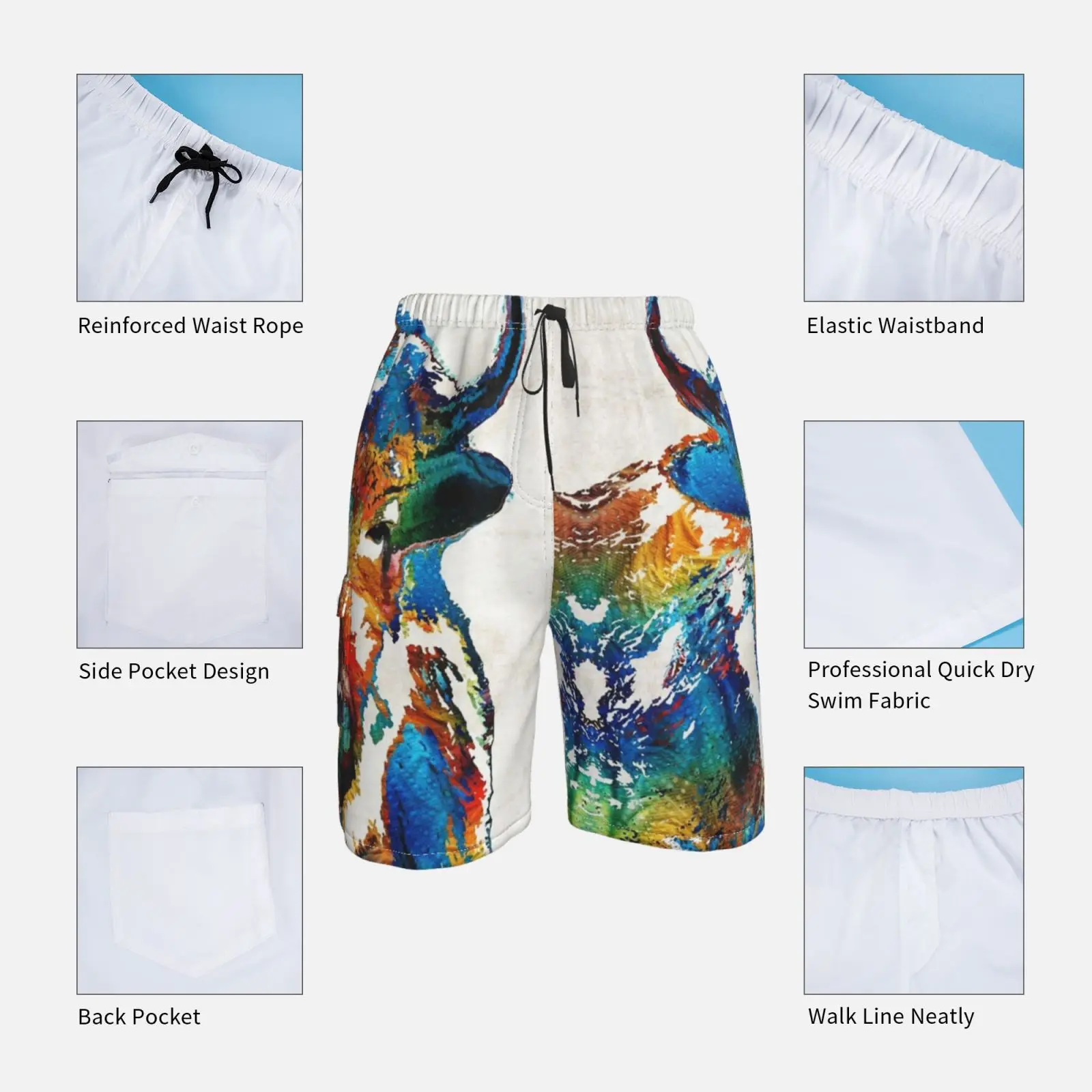 Пляжные шорты с ярким рисунком буйвола Шэрон КАММИНГЗ буйвол Белый дикая