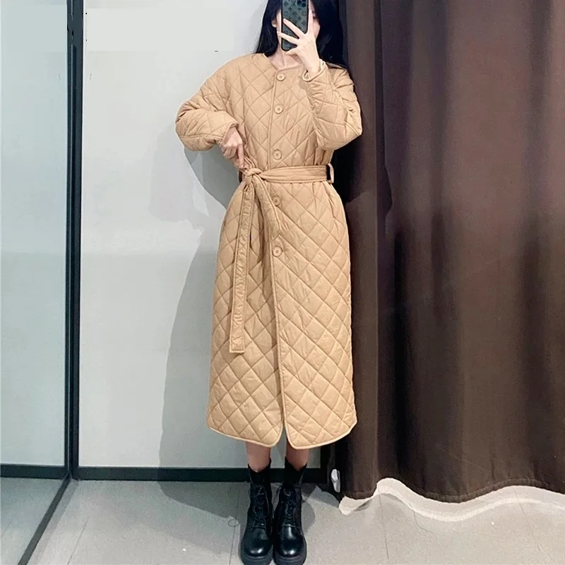 

Women Khaki Oversize Thin Long Parkas With Belt 2021 Autumn Winter Long Sleeve Buttons Pockets Female Warm Coat