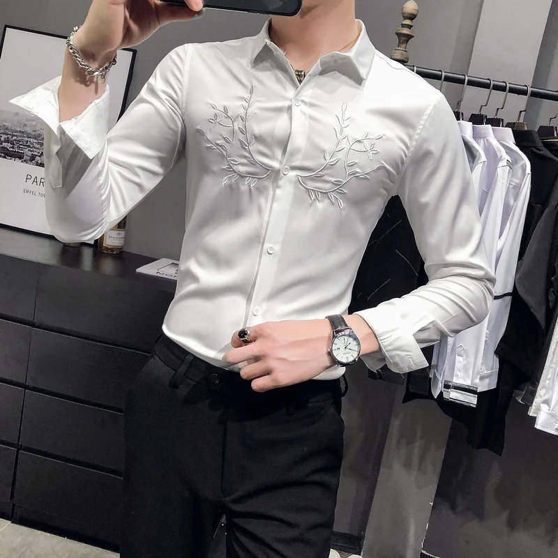

Black/White 5XL-S Plus Size Embroidery Shirts Tuxedo Men Clothing 2021 Long Sleeve Simple All Match Slim Fit Casual Club Dress