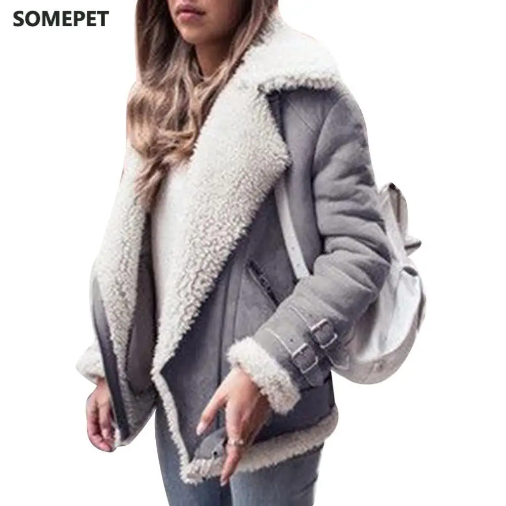 

Women Fashion Lapel Collar Warm Faux Fur Fleece Coat Female Cool Zipper Winter Jacket Moto Biker Jackets Warm Women's Coat NEW