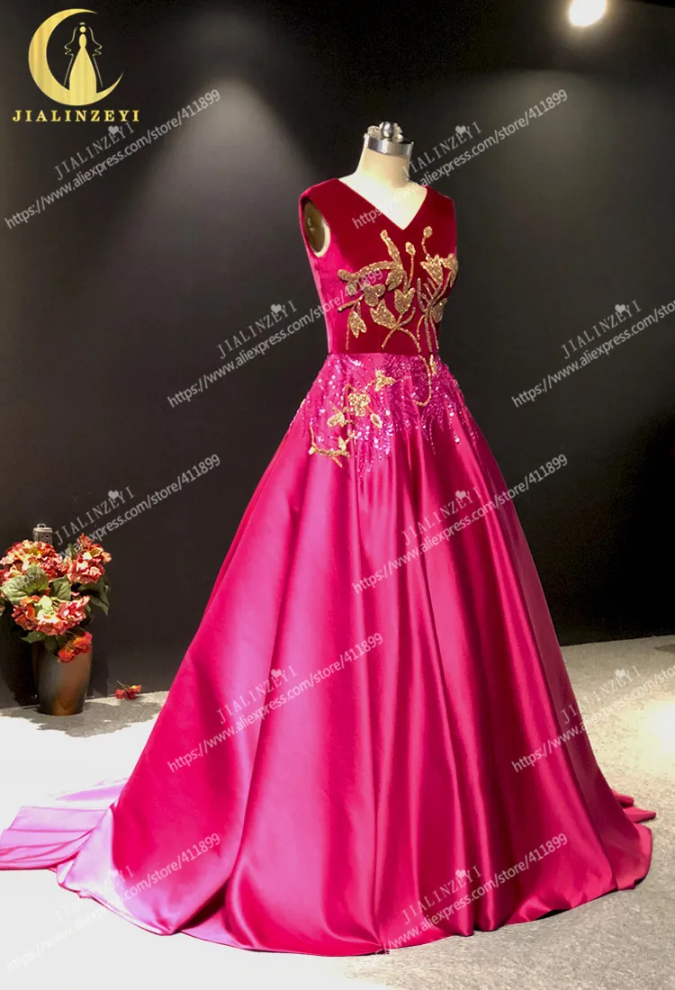 Rhine Real V neck Velvet With Gold Beads A-line Satin Party Dress فساتين السهرة Evening Dress Long Formal Dresses