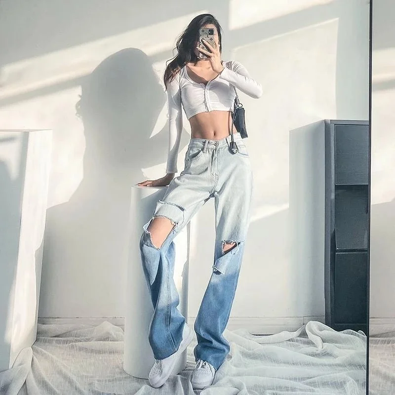 

2021 Spring Women's Straight Jeans High Waist Loose European American Style Ripped Gradient Pants Retro Wide Leg Denim Trousers