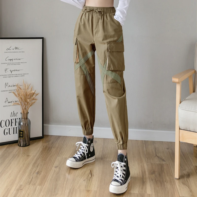 

2021 Casual Harem Pants Spring New Fashion Woman Cargo Pants Harajuku Elastic Ankle Length Waist Pockets Trousers Streetwear