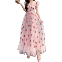 ladies spring summer dresses pink strawberry sequined tulle party long dress v neck puff sleeve sweet elegant dress 2021
