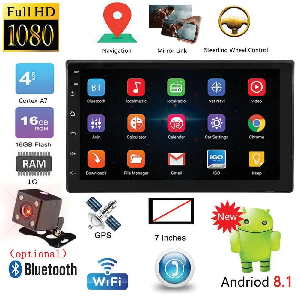 7 дюймовый Android 8 1 двойной 2 DIN 16G четырехъядерный GPS стерео MP5 плеер FM + задняя