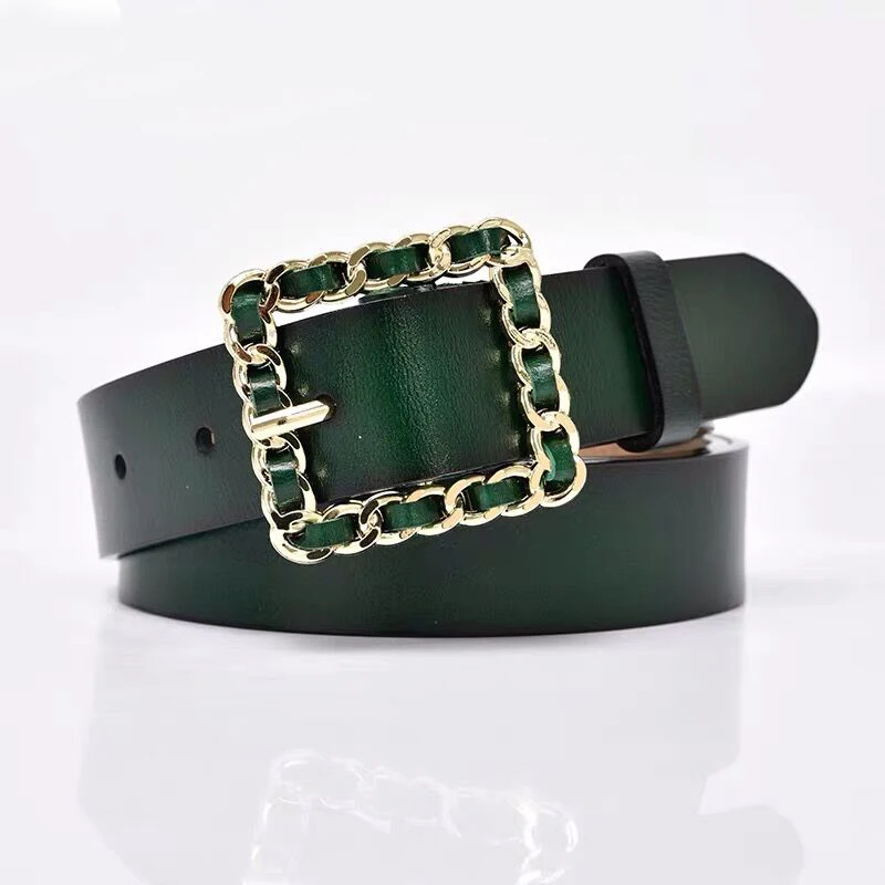 Ремень женский с зеленой пряжкой золотистый квадратный для джинсов|Женские
