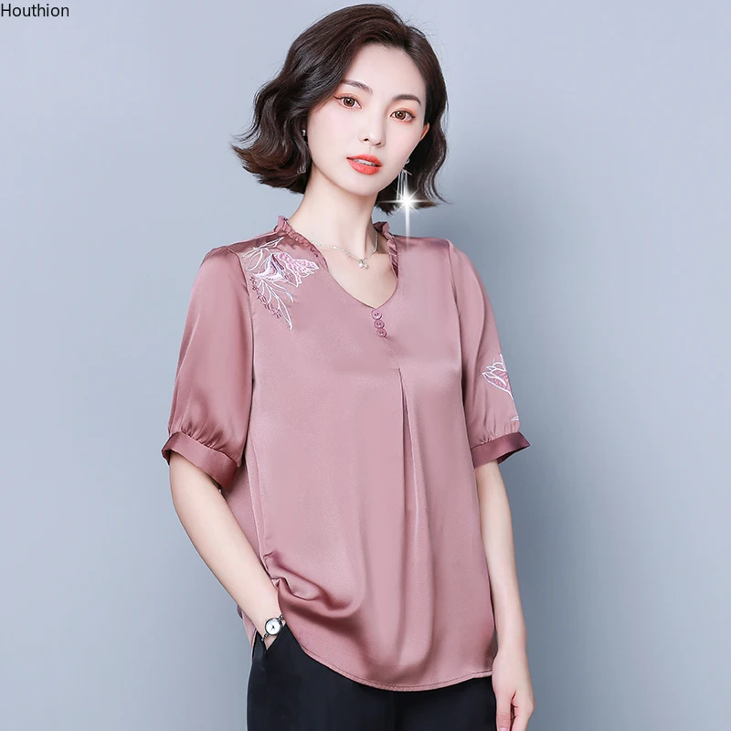 

Women's Blouse Short Sleeve Top V-neck Shirts Embroidery Blouses Fashion Tops Casual Shirt Summer New Korean Blusas Houthion