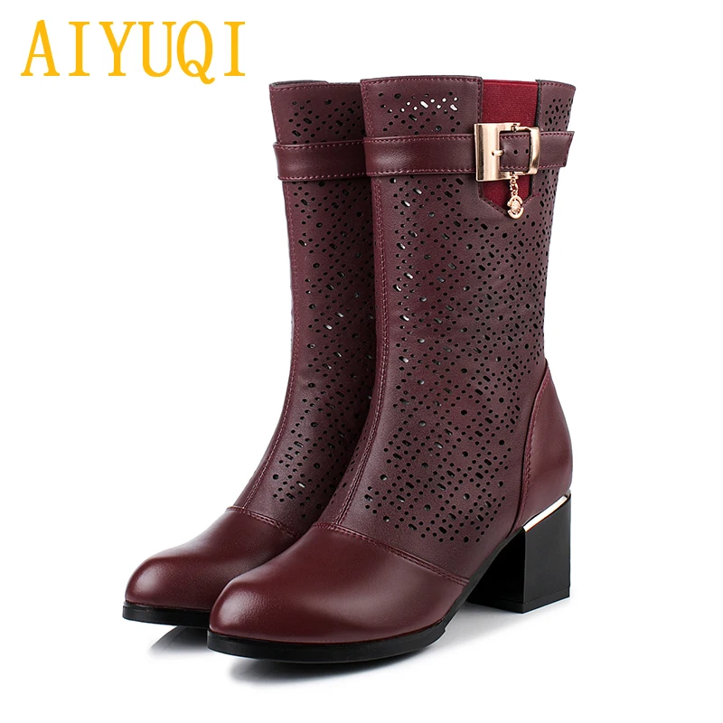 

AIYUQI female summer boots 2021 new spring genuine leather women mesh boots high heeled fashion big size 41 42 43 women shoes