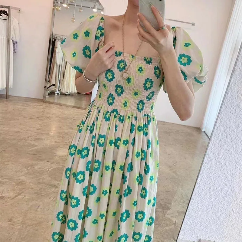 

Korean Chic Square Collar Puff Sleeve Dress Women Elegant Sweet High Waist Flower Dress Female Japanese One Piece Party Dresses