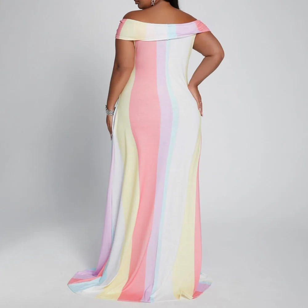 

Western Style Sexy Fashion Loose Casual Oversize African Stripe Printing One Shoulder Women's Dress High Waist Big Mouth Pattern