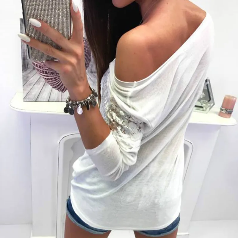 2019 осенняя одежда повседневная кружевная Лоскутная футболка с открытыми плечами