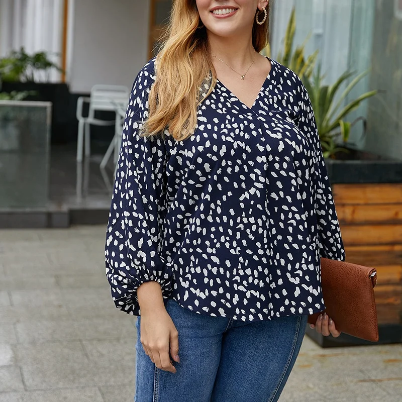 

Plus Size Tops Women Autumn Long Sleeve Printed Shirts Casual Loose V Neck Women Tops and Blouses