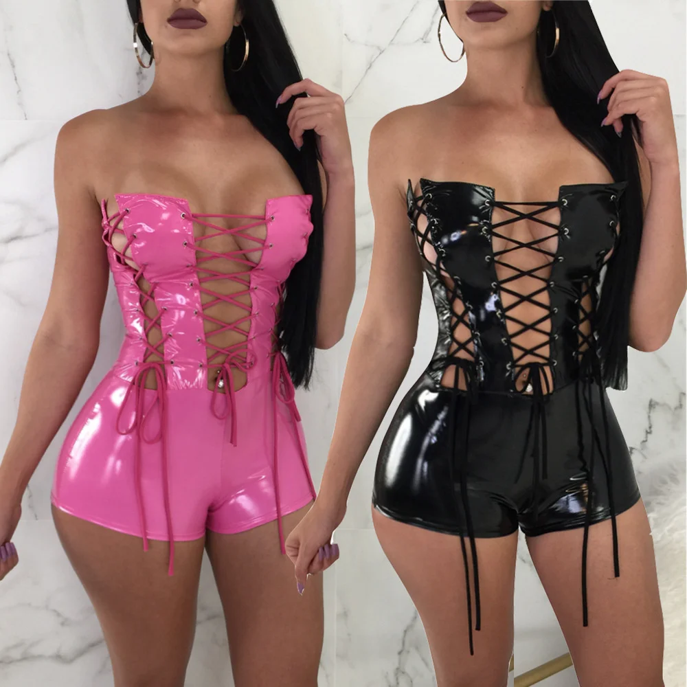 

European fashion lace up rompers women jumpsuit PU skinny bodysuit women shorts feminino strapless playsuits B9064
