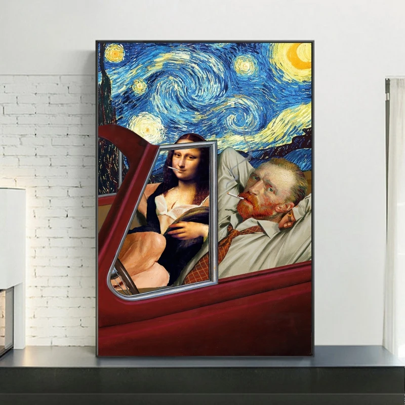 

Funny Art Van Gogh and Mona Lisa Driving Canvas Posters Abstract Smoking Oil Paintings on Canvas Wall Pictures Home Wall Decor