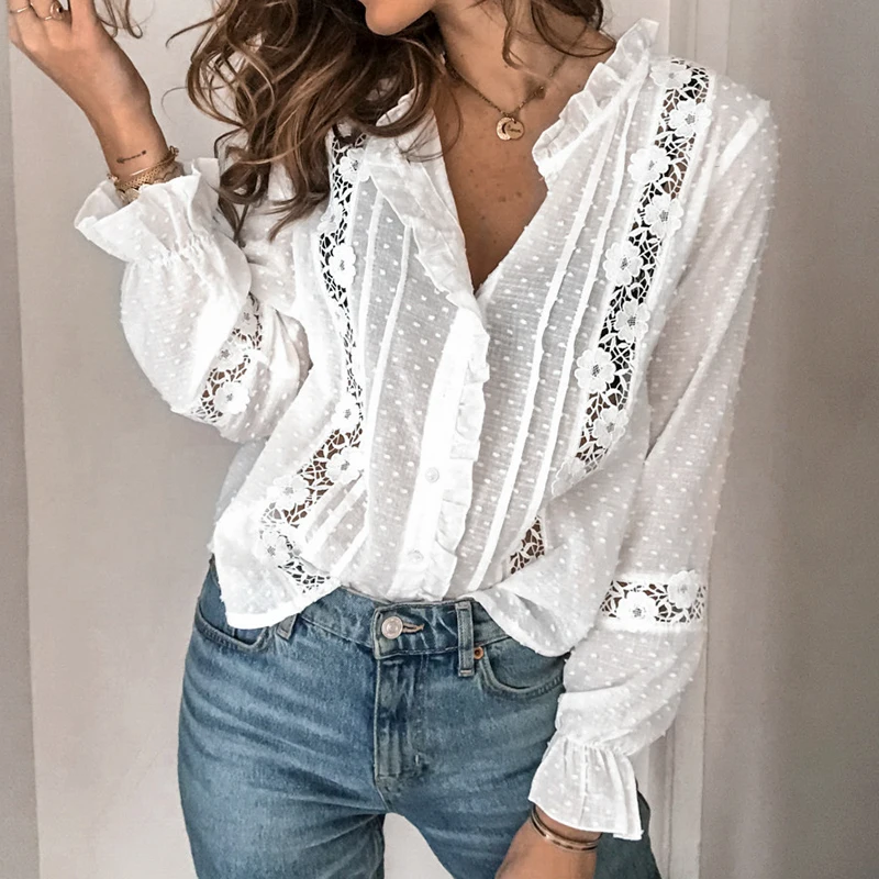 

Women Autumn Vintage Floral Lace V-neck Long Sleeve White Blouse Ladys Elegant Botton Sexy Tops Female Hollow Out Shirts Casual