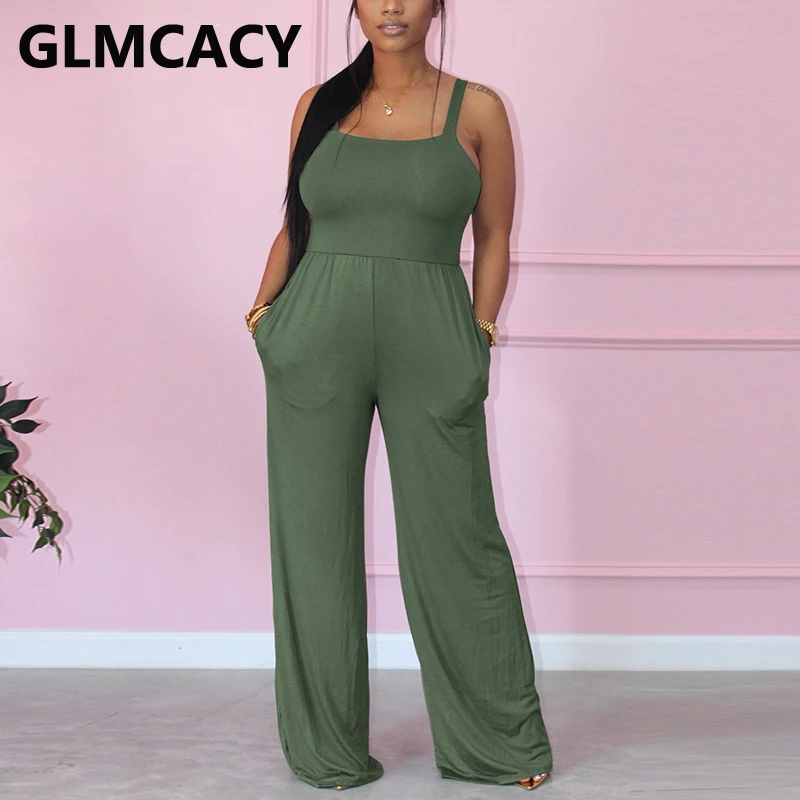 

Casual Solid Spaghetti Strap Jumpsuit Loose Summer Overalls