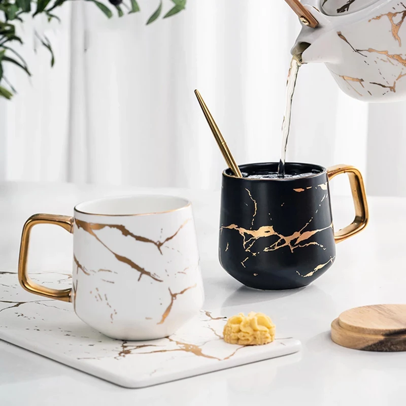 Luxury Nordic Marble Condensed Coffee Ceramic Cup Mugs Matte Water Cafe Tea Milk Cups Saucer Suit with Dish Spoon Set Ins | Дом и сад