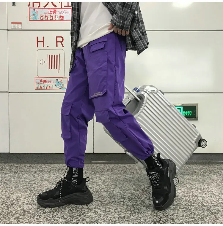 Men Streetwear Cargo Pants 2021 Overalls Mens Baggy Hip Hop Joggers Pants Pockets Harem Pants Purple Sweatpants Korean alibaba pants