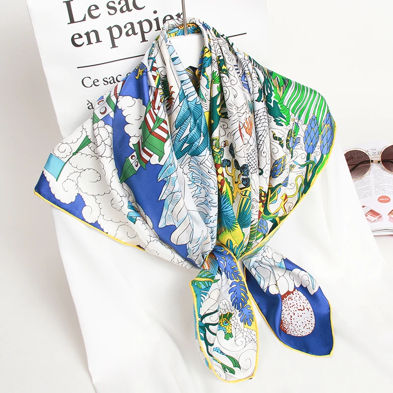 Женский квадратный шарф из натурального шелка платок 100% с принтом в Ханчжоу шали