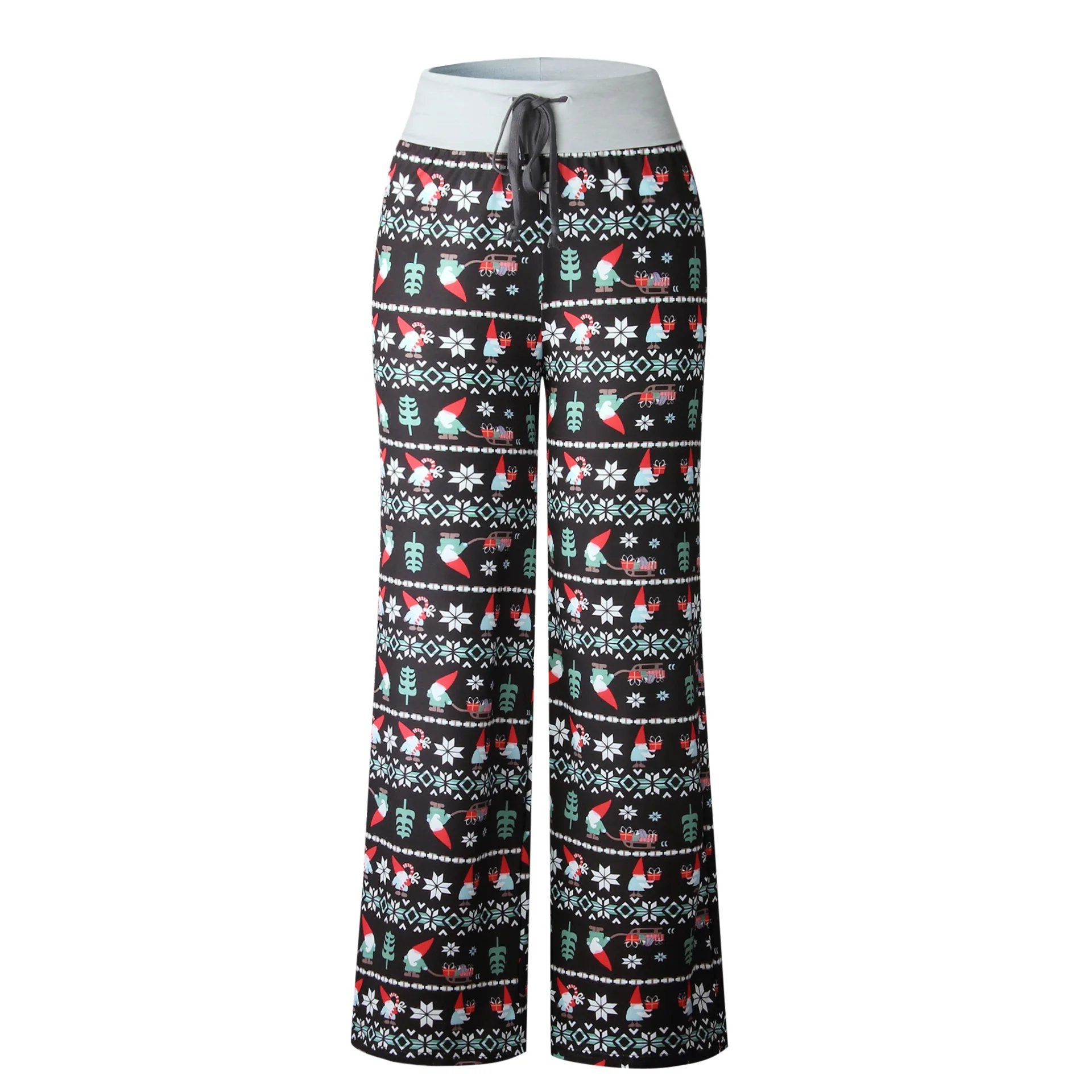 

New Splice Casual Loose Lacing Straight Long Pants For Autumn 2019 Womens Fashion Christmas Print Female Casual Long Pants