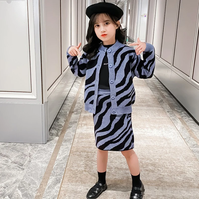 Комплект одежды для девочек осень 2021 вязаный кардиган свитер юбка костюм