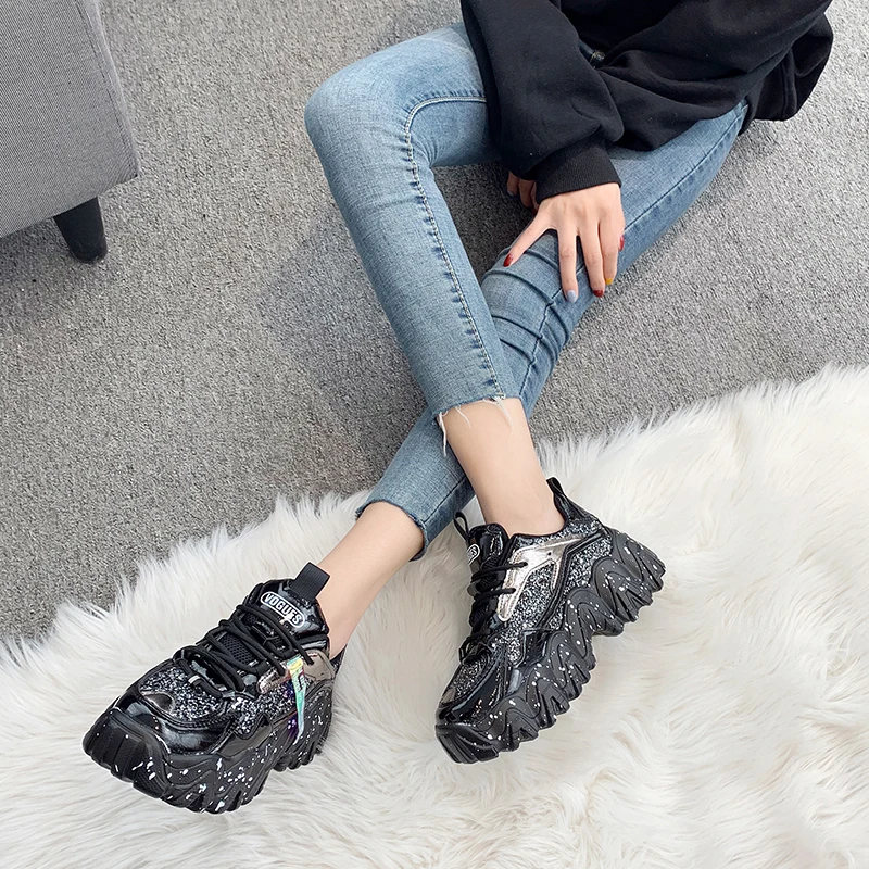 

Spring Women's Chunky Sneakers Fashion Women Platform Shoes Bling Sequined Lace-Up Vulcanize Shoes Female Trainers Dad Shoes