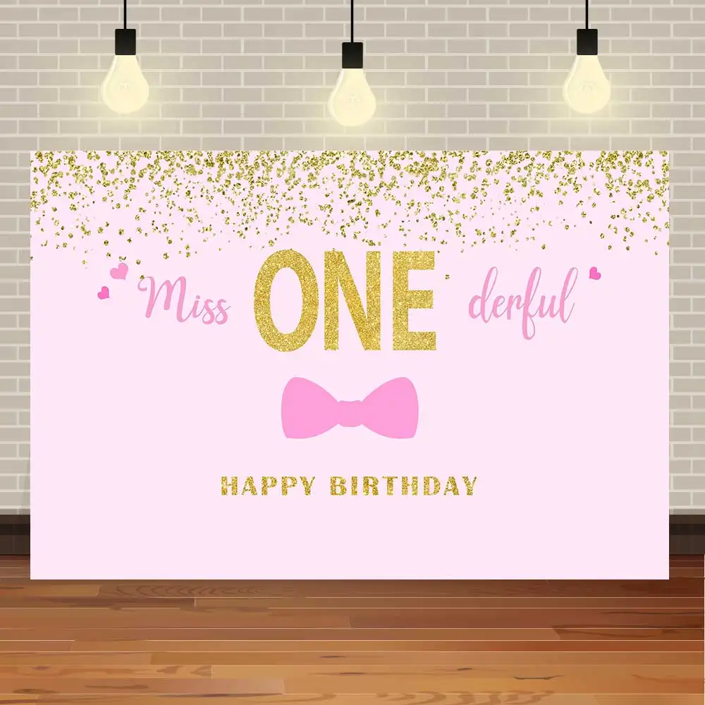 

NeoBack Happy 1st Birthday Pink Gold Glitter Girl Party Baby Miss Onederful Stripe Banner Photo Backdrop Photography Background