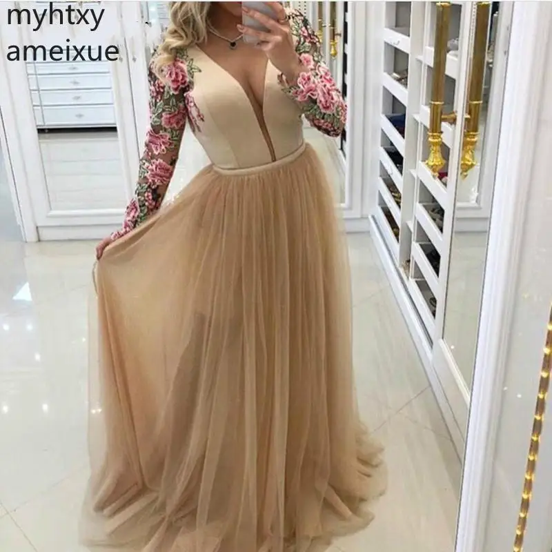 

2021 New Arrival V Neck Long Sleeve Sexy Cheap Evening Dress Plus Size Champagne Abiye Gown Vestido Longo Festa Prom Party Tulle