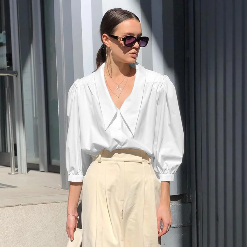 

2021 Elegant Office Work White Blouse Lantern Sleeve Oversize Collar Blue Shirt Womens Tops And Blouses Streetwear
