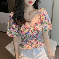blouses femme 2021 summer new style square collar thin waist floral top puff sleeve short chiffon shirt womens fashion blouse