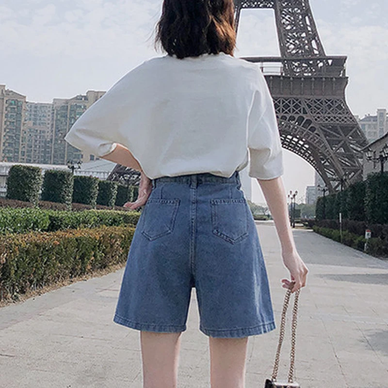 

TRODEAM 2020 Streetwear High Waist Women Blue Denim Shorts Loose Summer Casual Female Wide Leg Jeans Shorts With Pocket Black