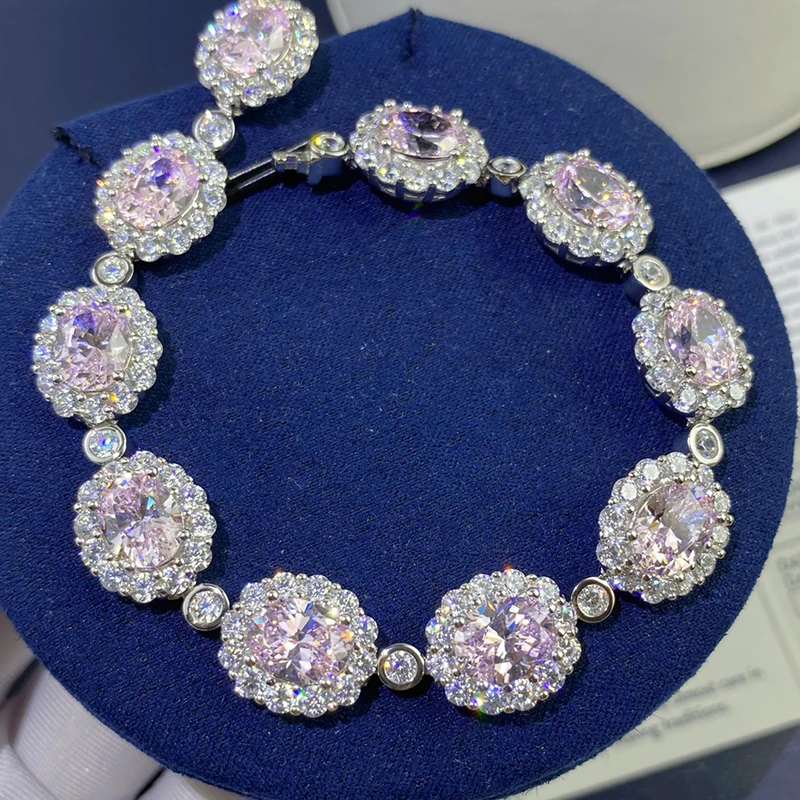 DIMINGKE 6*8MM Pink High Carbon Diamond 17CM Bracelet 100%-S925 Sterling Silver Wedding Party Lover Jewelry Gift