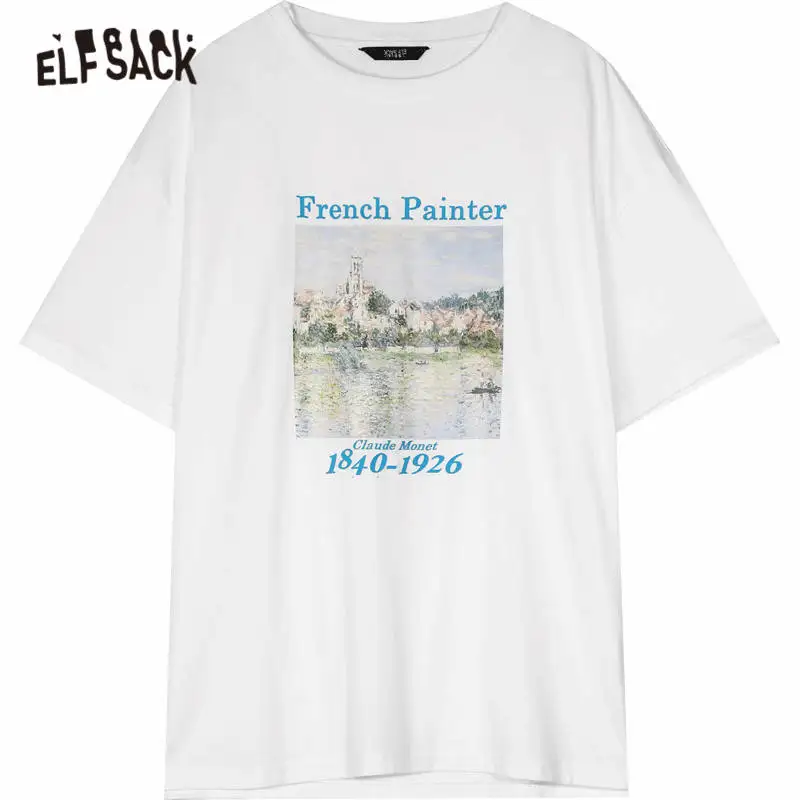 

ELFSACK Harajuku Green Silicone Print Casual T-Shirts Women 2020 Summer ELF White Short Sleeve Korean Ladies Daily Basic Tops