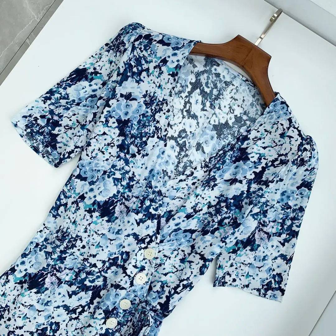 Women V-neck Floral Wrap Dress Summer Casual Tie Waist Short Sleeve Split Slim Dress