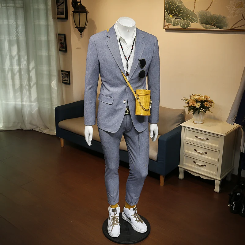 

XM geeki spring and summer new business casual men's formal dress, fine thousand bird lattice, single breasted Capri men's suit