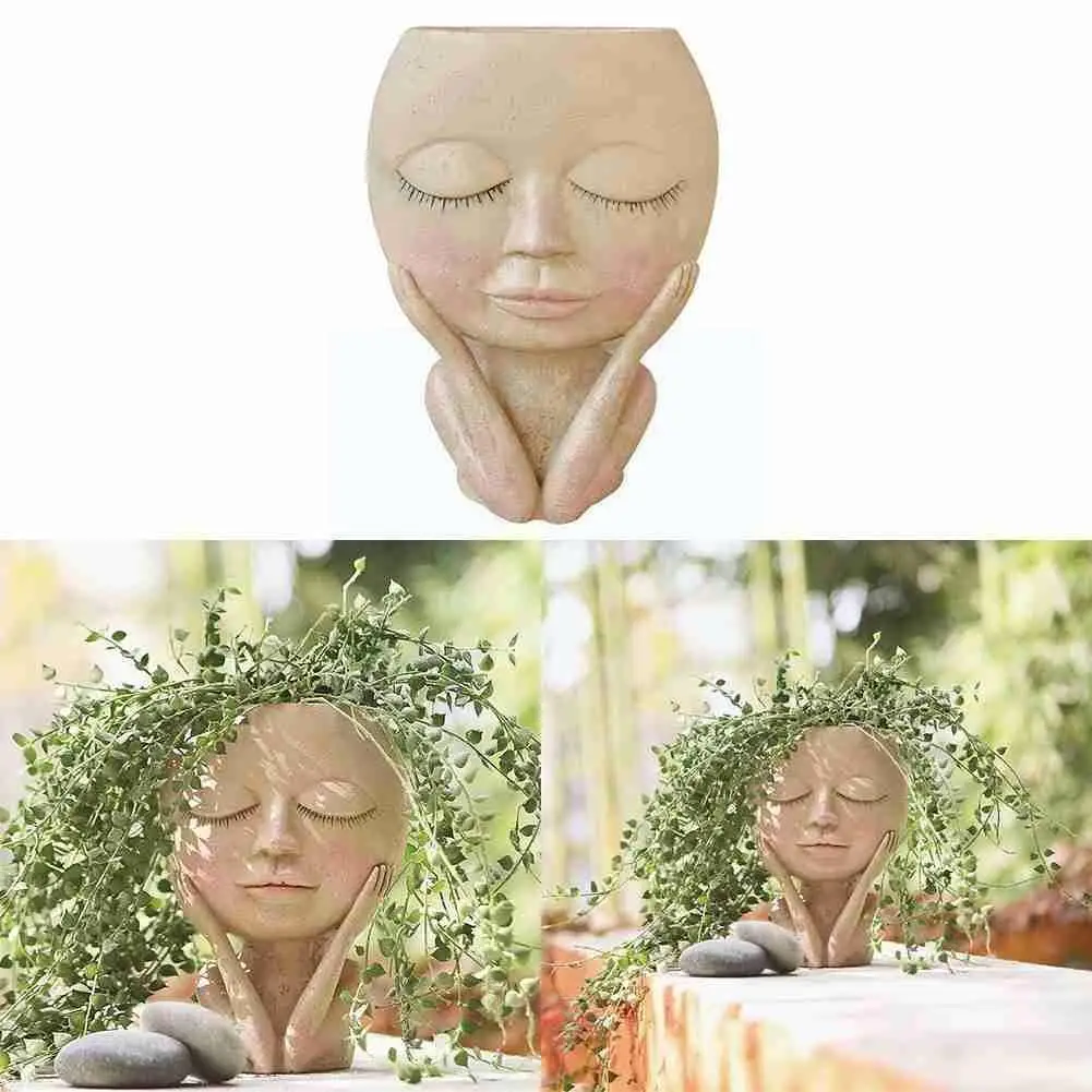 

Girls Face Head Flower Planter Resin Flower Pot Succulent Ornament Pot Plant Flower Decor Balcony Home Garden Container Tab B3D0