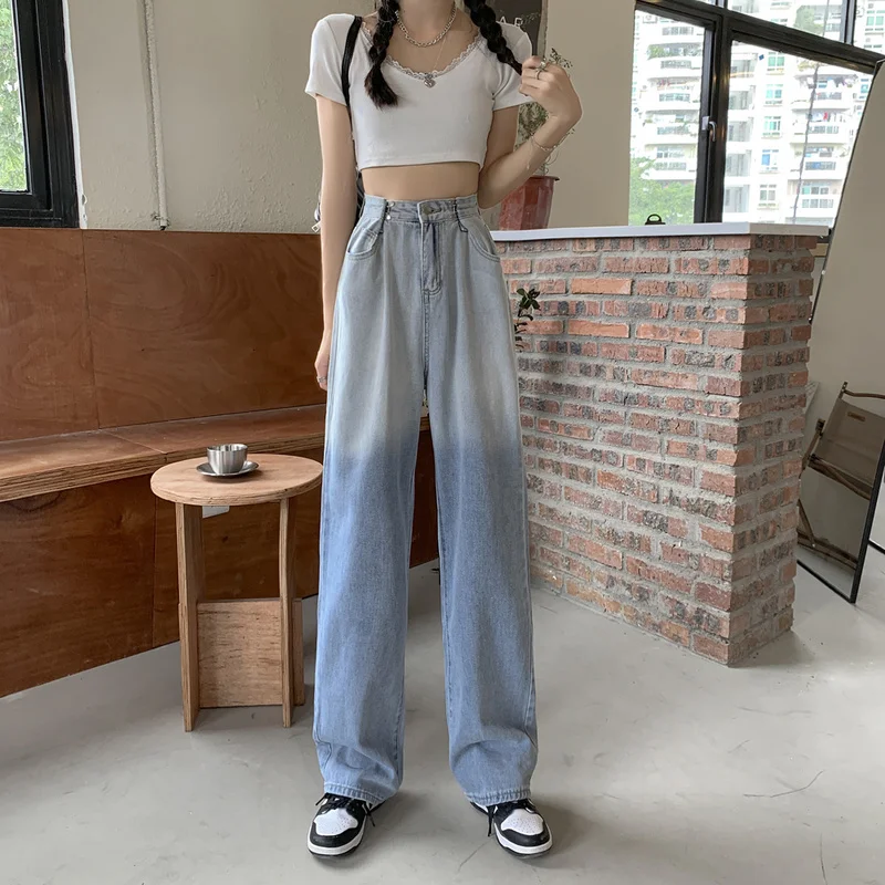 

2021 градиентные джинсы женская одежда для ранней осени Новинка прямые тонкие повседневные универсальные широкие брюки с высокой талией в Ко...